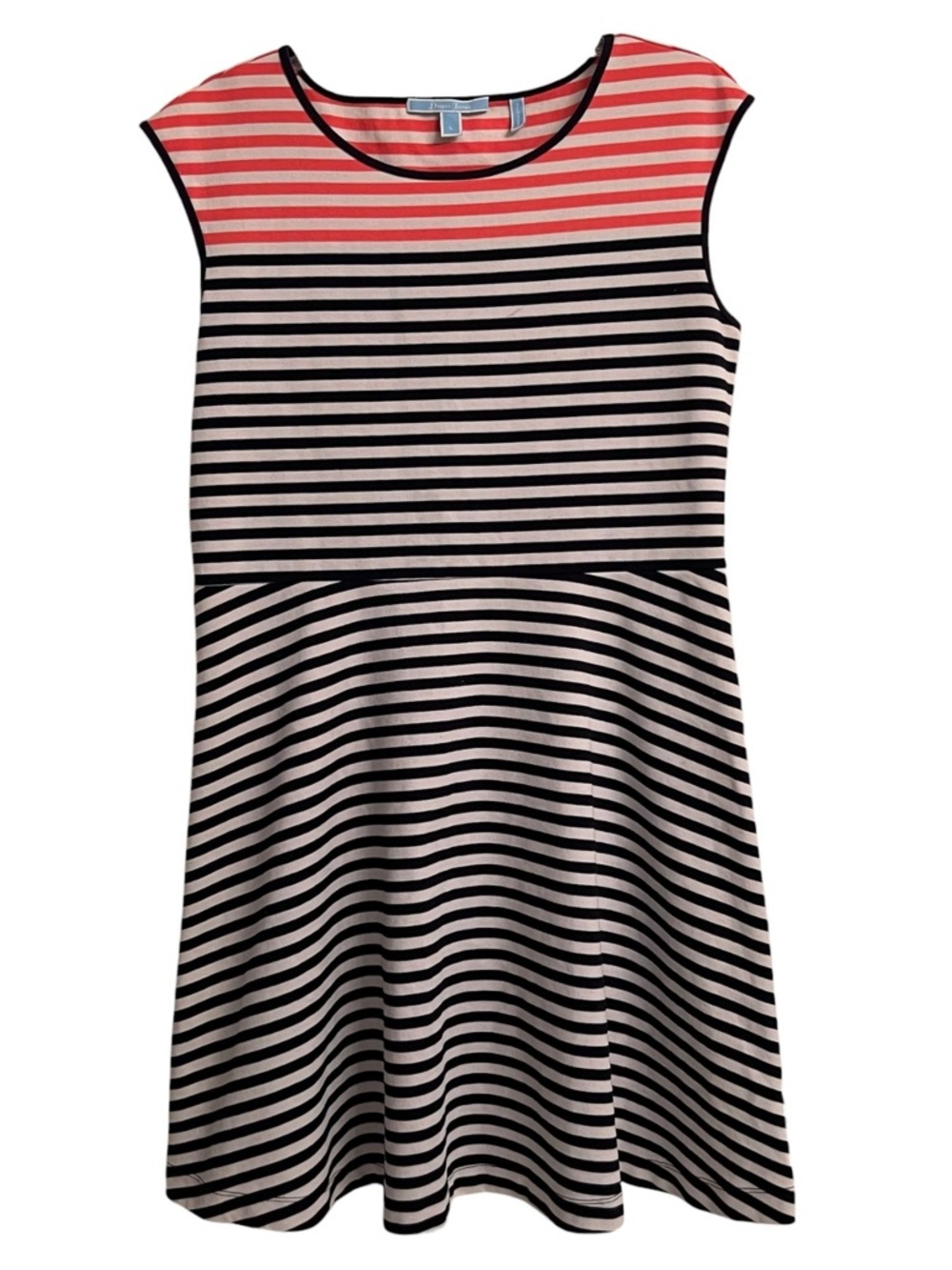 Draper James Striped Coral Navy Blue White A-Line Cap Sleeve Knit Dress Large - Picture 2 of 6